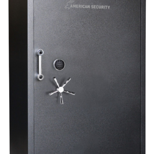 A black american security safe with keys on the door.