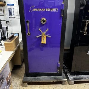 A purple safe with a lock on the door.