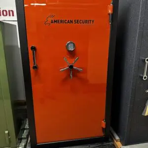 A red safe with the american security logo on it.