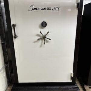 A white door with the american security logo on it.