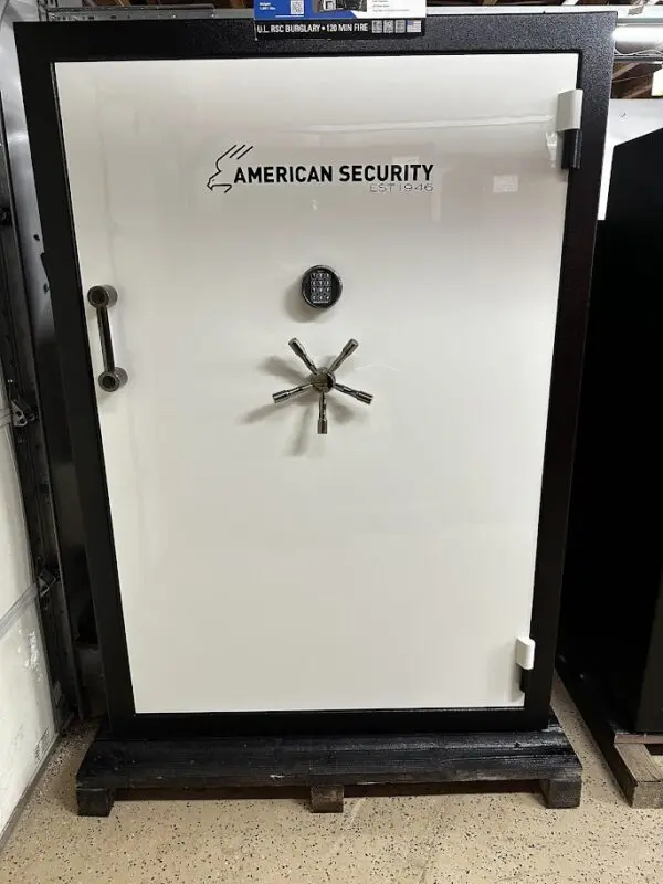 A white door with the american security logo on it.