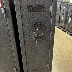 A black gun safe with the words american rebel written on it.