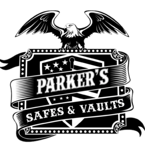 A black and white picture of the parker 's safees & vaults logo.