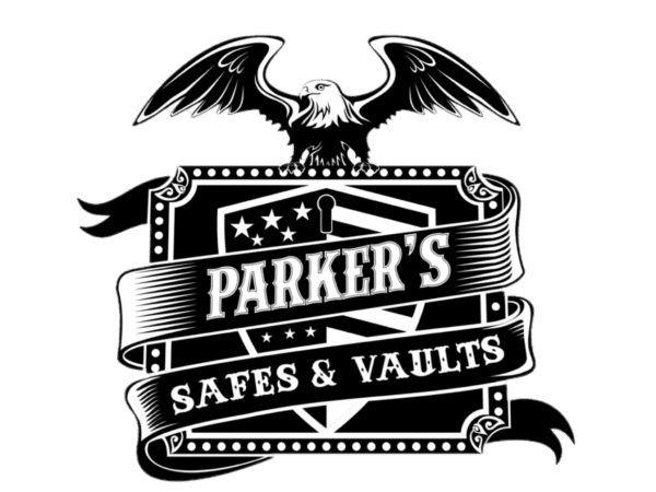 A black and white picture of the parker 's safees & vaults logo.