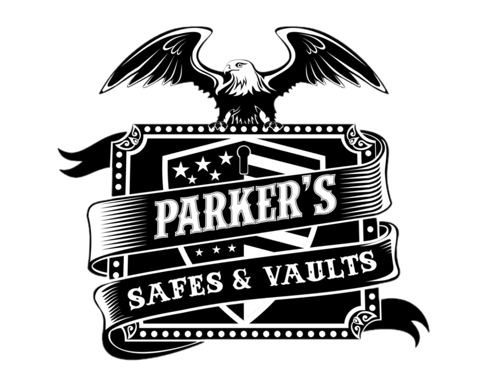 A black and white picture of the parker 's safees & vaults logo.