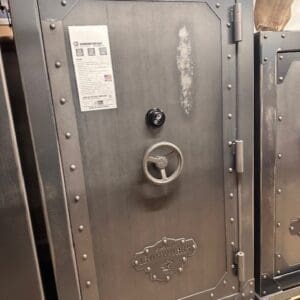 A large metal safe with the door open.