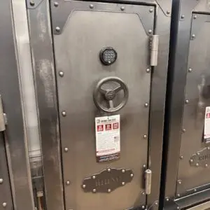 A large metal safe with the number 1 3 5 9 on it.