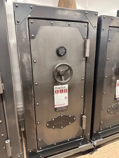 A large metal safe with the number 1 3 5 9 on it.